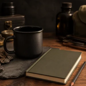 Caderno de capa escura com elástico cobre em still-life editorial