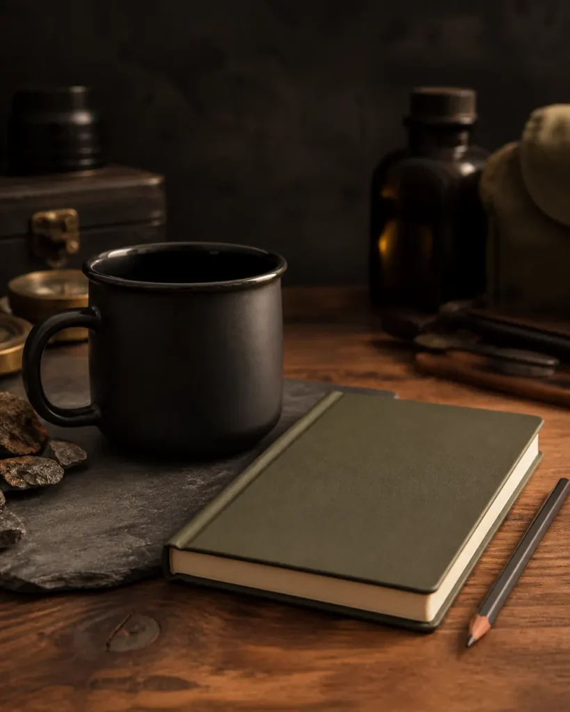 Caderno de capa escura com elástico cobre em still-life editorial